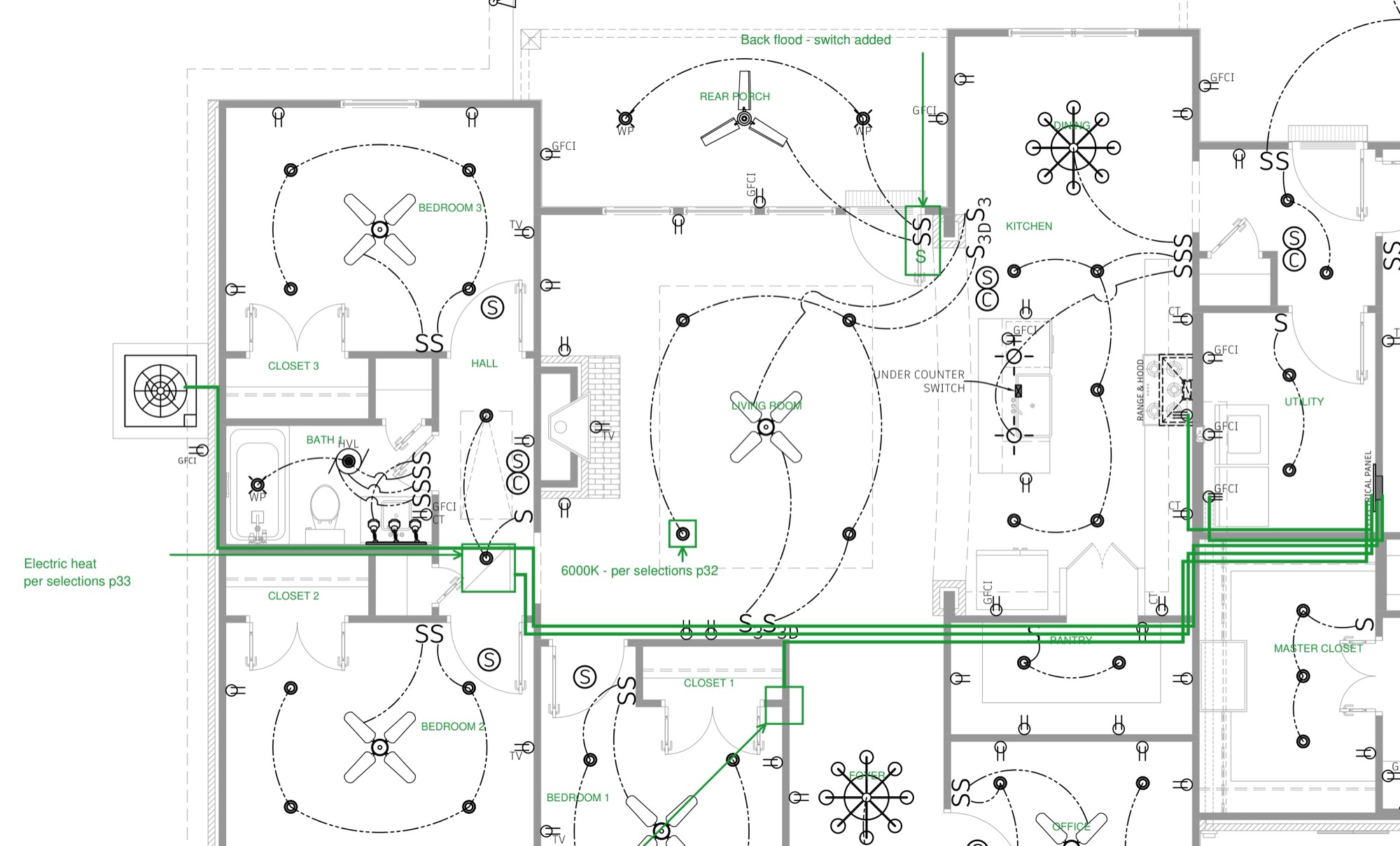 A real house plan marked up for a takeoff: green circuit runs, boxed switch banks and notes tied to the selections